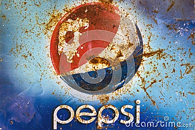 KANCHANABURI, THAILAND-DECEMBER 3,2019 : Close up vintage pepsi cola logo banner, old rusty and broken zinc plate of pepsi soft Editorial Stock Photo
