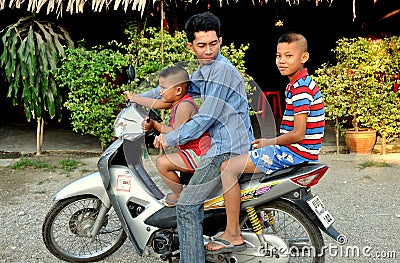 Kanchanaburi, Thailand: Family on Motorcycle Editorial Stock Photo