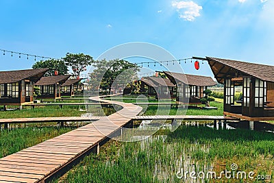 KANCHANABURI-THAILAND,MARCH 30, 2023 : Beautiful landscape in Japanese architectural style resting in the midst of verdant rice Editorial Stock Photo