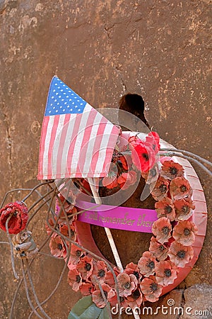 Commemorative wreath of poppies at the Hellfire Pass, Kanchanaburi Editorial Stock Photo