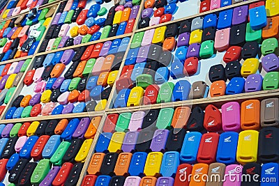 KANCHANABURI, THAILAND-NOVEMBER 28,2019 : Colorful of silicone cases for a keychain from the car alarm. Many shapes and color Editorial Stock Photo