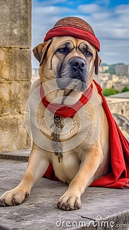 A Kangal royal Dog in old Turkish clothes and a fez generative AI Stock Photo