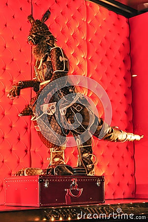 Kangaroo artwork sculpture build up by Louis Vuitton French fashion house displaying at shopfront retail store. Editorial Stock Photo