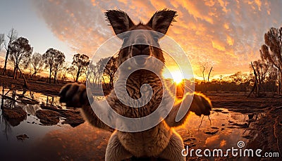 kangaroo balances on his tail taking a sunset selfie Stock Photo