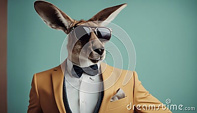 Kangaroo in color suit with sunglasses on a solid color background, vector art, digital art, Stock Photo