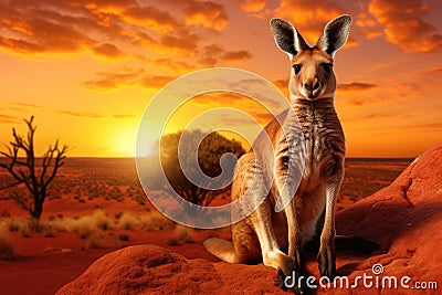 Kangaroo in the desert at sunset, 3d render illustration, Kangaroo at sunset in Kalahari desert, South Africa, An Australian Cartoon Illustration