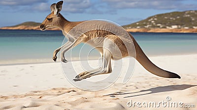 Kangaroo hopping jumping mid air on sand near the surf on the beach at Lucky Bay. generative ai Stock Photo