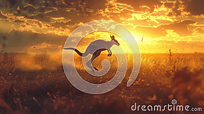 A kangaroo jumping through the grass at sunset Stock Photo