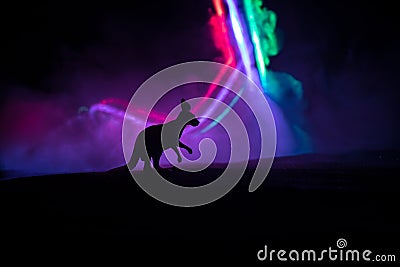 Kangaroo miniature standing at foggy night. Creative table decoration with colorful backlight with fog Stock Photo