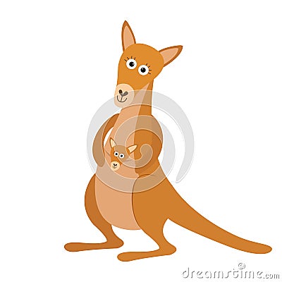 Kangaroo mom with baby in the pocket pouch. Cute cartoon character. Australia marsupial animal. Education card for kids. Flat desi Vector Illustration