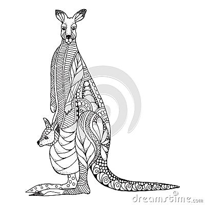 Kangaroo mother and baby joey in pouch zentangle stylized. Vector Illustration