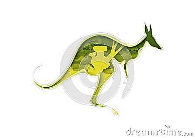 Kangaroo silhouette with Australian nature, koala bears, vector illustration in paper art style. Multiple exposure. Vector Illustration