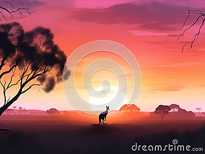 Kangaroo Silhouette: A Tranquil Evening in the Outback Stock Photo