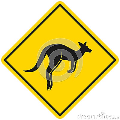 Kangaroo Silhouette. Wild animals yellow rhombus road warning sign Vector Illustration