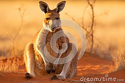 A kangaroo sits upright on its hind legs in the arid desert, A kangaroo with a joey inside her pouch in the Australian Outback, AI Stock Photo