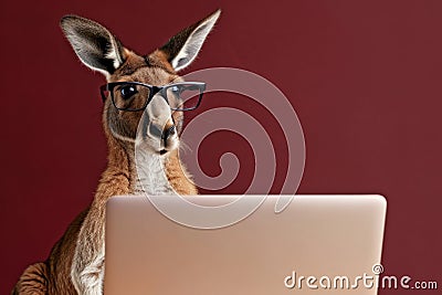 A kangaroo sitting in front of a laptop, donning glasses, with a plain burgundy background. The Stock Photo