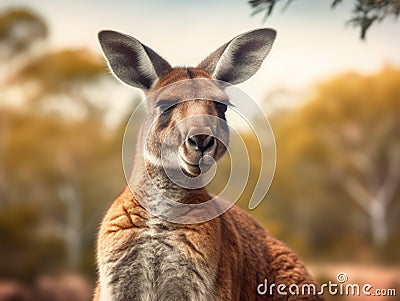 Kangaroo is standing in front of some trees and bushes. The kangaroo has its head turned to look at camera, with its Stock Photo