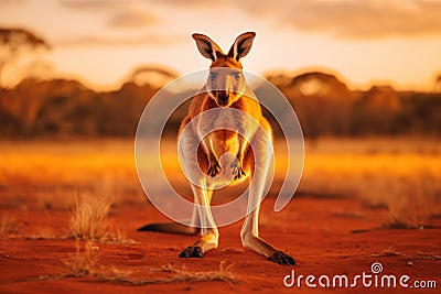 Kangaroo at sunset in the Kalahari desert, South Africa, An Australian kangaroo hopping in the outback at golden hour, AI Stock Photo