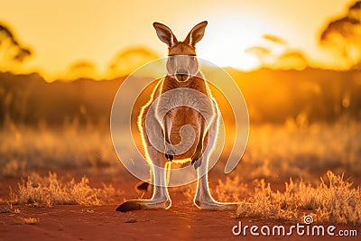Kangaroo at sunset in Kalahari desert, South Africa, An Australian kangaroo hopping in the outback at golden hour, AI Generated Stock Photo