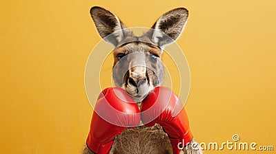 A kangaroo is wearing boxing gloves and standing in front of a yellow background Stock Photo