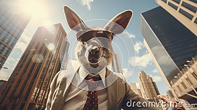 A kangaroo wearing a suit and tie with sunglasses on, AI Stock Photo
