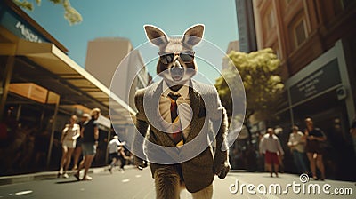 A kangaroo wearing a suit and tie walking down the street, AI Stock Photo