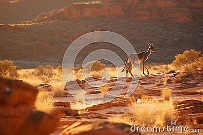 Kangaroos Hopping in Australian Outback at Dusk Stock Photo