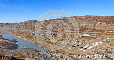 Kangerlussuaq greenlandic town aerial view on the living blocks and runway of the airport Stock Photo