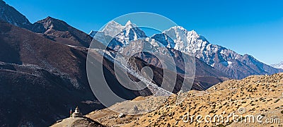 Kangtega and Thamserku mountain peak view from Dingboche village in Everest base camp trekking route. Himalaya mountains range in Stock Photo