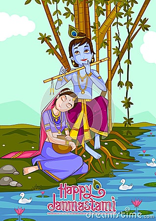 Kanha playing bansuri flute with Radha on Krishna Janmashtami background Vector Illustration