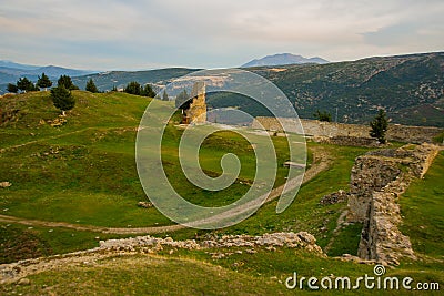 KANINE, ALBANIA: Landscape to ruined Kanine Castle and mountain. Stock Photo