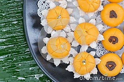 Kanom jamongkut, kanom thong ek and kanom sanay chan, gold thai dessert Stock Photo