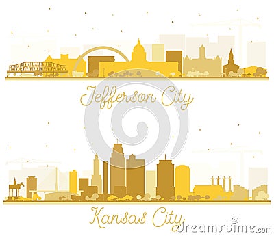 Kansas City and Jefferson City Missouri Skyline Silhouettes Set with Golden Buildings Isolated on White Stock Photo