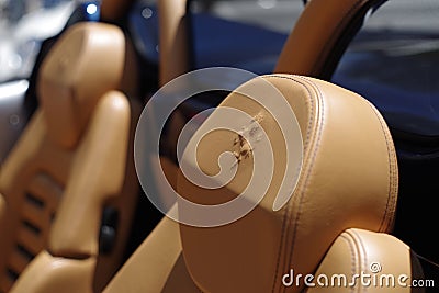 Leather interior of Ferrari sports car with an emblem on the headrest, Kansas City, USA Editorial Stock Photo