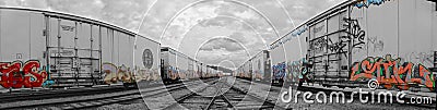 Panoramic view of a trainyard with graffiti on the walls, Kansas City, United States Editorial Stock Photo