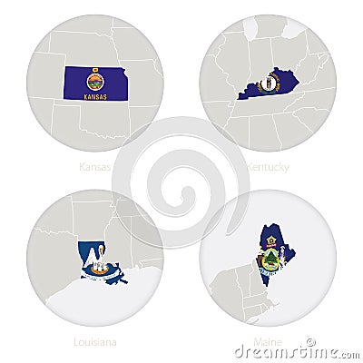 Kansas, Kentucky, Louisiana, Maine US states map contour and national flag in a circle Vector Illustration