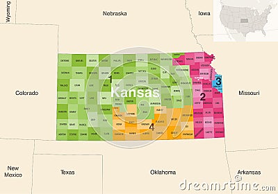 Kansas state counties colored by congressional districts vector map with neighbouring states and terrotories Vector Illustration