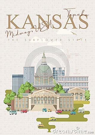 Kansas is a US state. Topeka. Sunflower state. Midway USA Vector Illustration