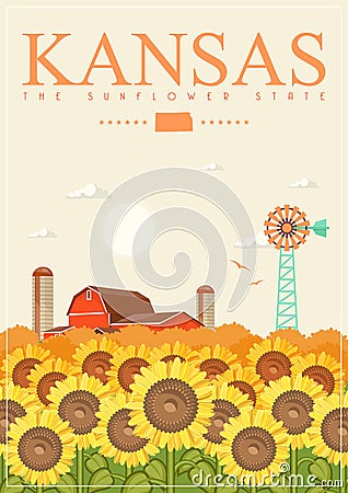 Kansas is a US state. Vector concept of tourist postcard and souvenir. Beautiful places of the United States of America on posters Vector Illustration