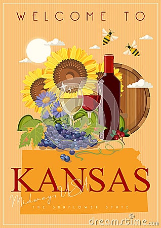 Kansas is a US state. Wine and grape. Sunflower state. Midway USA Vector Illustration