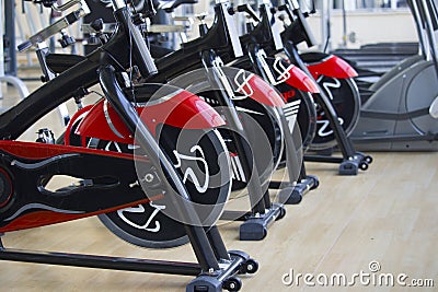 Kant, Kyrgyzstan- March 01 , 2019 : Row of training exercise bikes detail. Healthy lifestyle concept Editorial Stock Photo