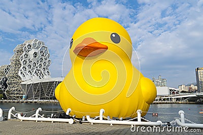 Iconic Giant Rubber Duck afloat in Kaohsiung's Love River Bay Editorial Stock Photo