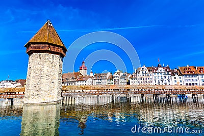 Kapellbrucke historic Chapel Bridge and waterfront landmarks in Lucerne, Switzerland Stock Photo