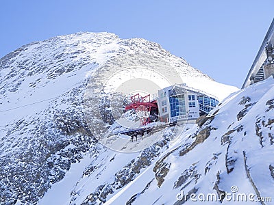 KAPRUN, AUSTRIA, March 12, 2019: Winter landscape with view on panoramic restaurant top of Saltzburg with snow covered Editorial Stock Photo