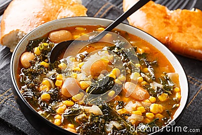 Kara lahana corbasÄ± savory cabbage soup with kale, beans and corn close-up in a bowl. Horizontal Stock Photo
