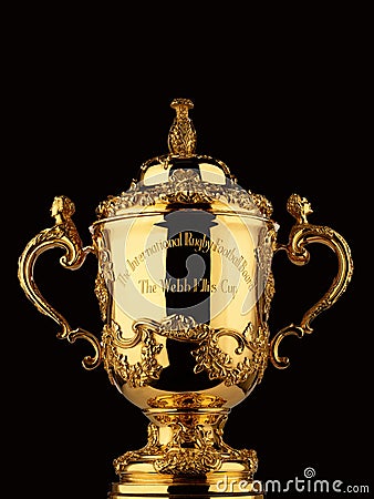 Karachi, Pakistan March 20, 2023, Brand identity of Rugby World Cup 2023 France, Trophy isolated, 3d rendering Illustration. Editorial Stock Photo