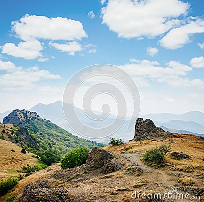 Karadag mountain range in Crimean mountains, an ancient extinct volcano Stock Photo