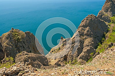 Karadag volcanic mountain range, Black Sea shore in Crimean peninsula Stock Photo