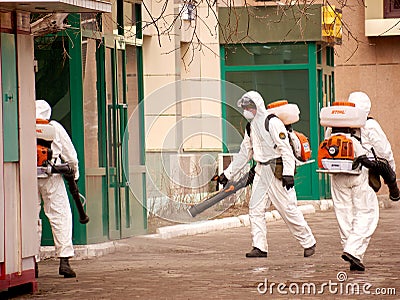 Karaganda, Kazakhstan - 3nd April, 2020 - Meticulous disinfection and decontamination on the streets as a prevention against Editorial Stock Photo