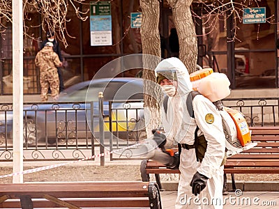 Karaganda, Kazakhstan - 3nd April, 2020 - Meticulous disinfection and decontamination on the streets as a prevention against Editorial Stock Photo
